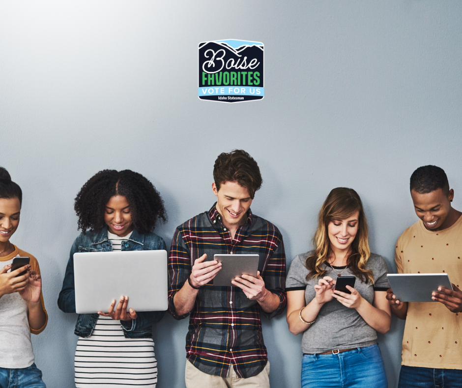 people on devices with tech neck pain